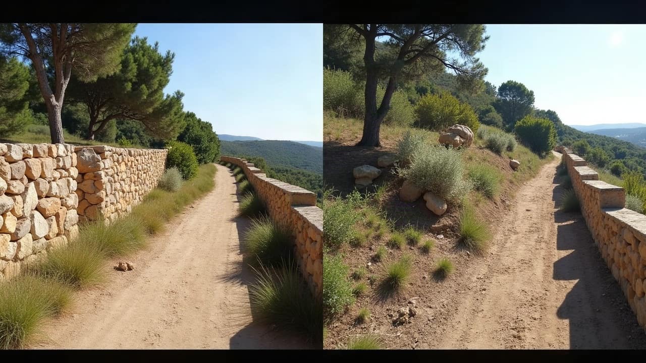 Photo comparative d'un même mur de soutènement prise à deux saisons différentes, méthode de suivi dans le temps