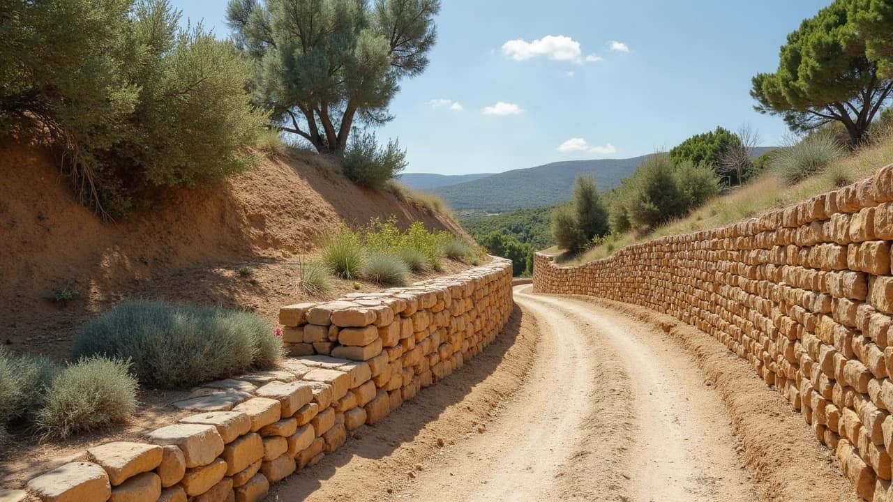 Rangée de barbacanes régulièrement espacées en pied d'un mur de soutènement maçonné, léger écoulement visible