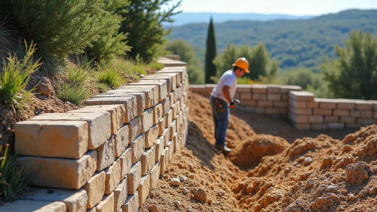 Mur de soutènement en cours de montage en blocs de parpaing, rangs successifs alignés avant remplissage