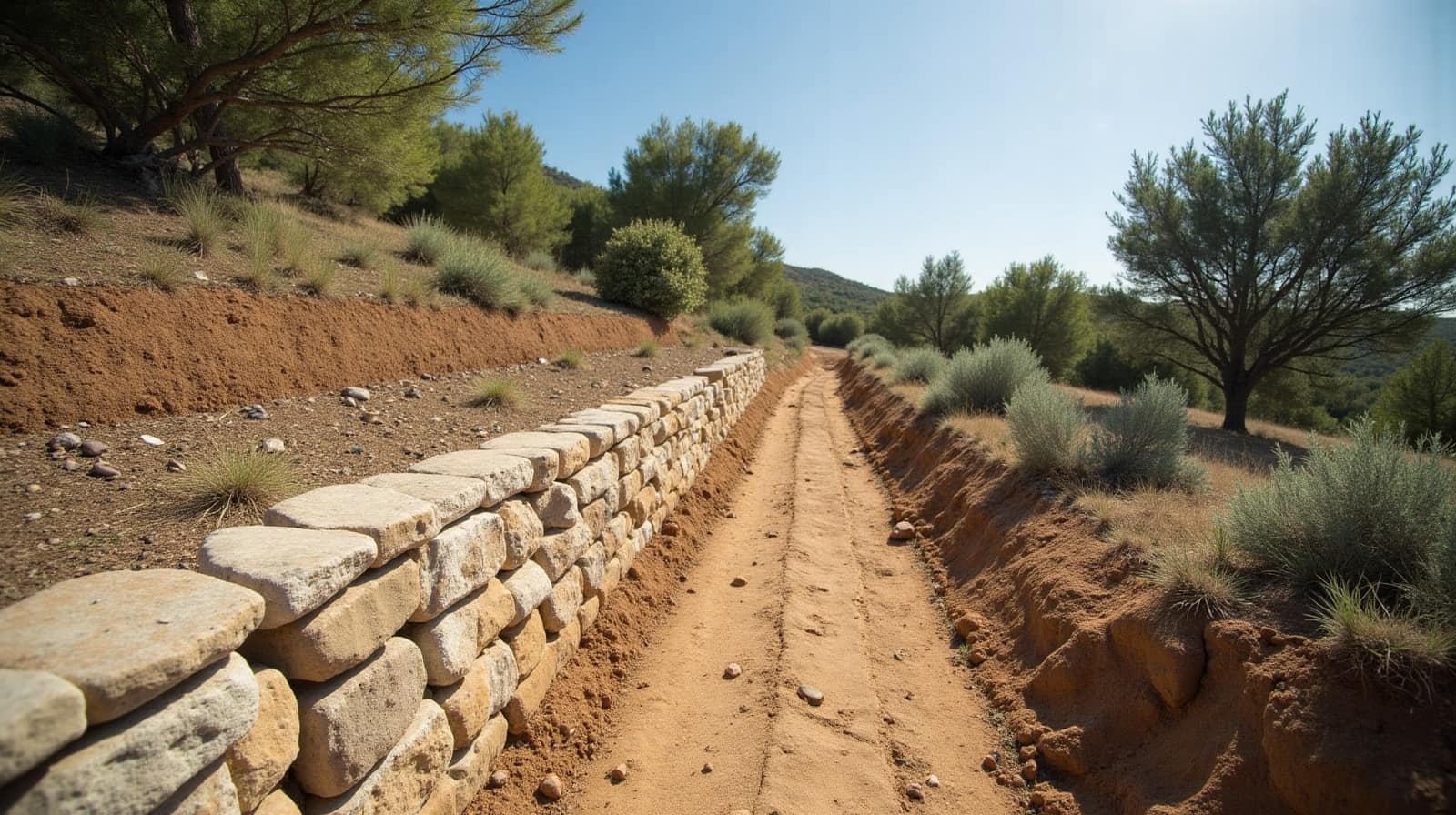 Sol de garrigue avec une fine couche de terre végétale posée sur une roche calcaire claire et fissurée