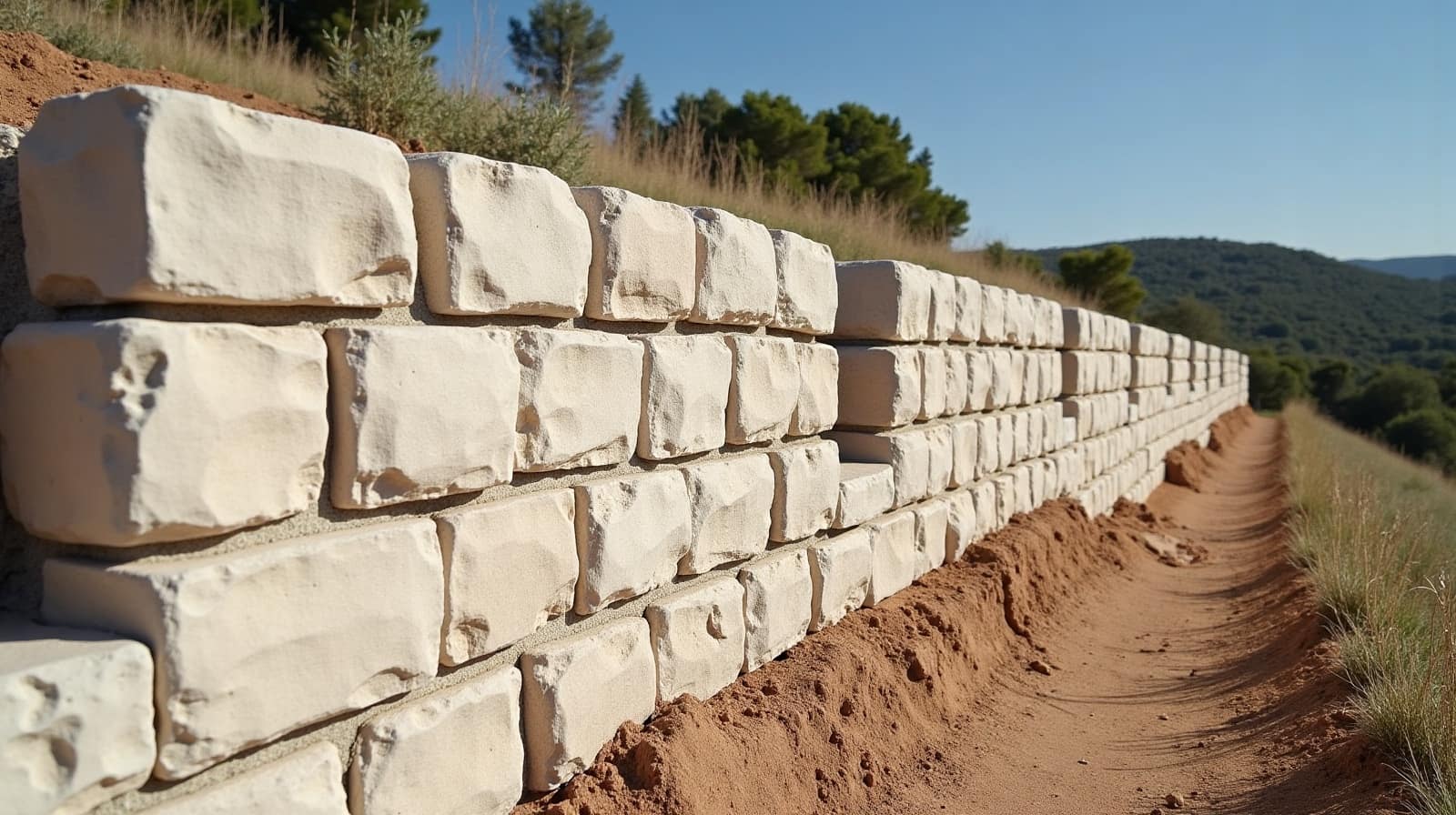 Comparaison visuelle entre un muret bas et un mur de soutènement de grande hauteur sur un même terrain en pente