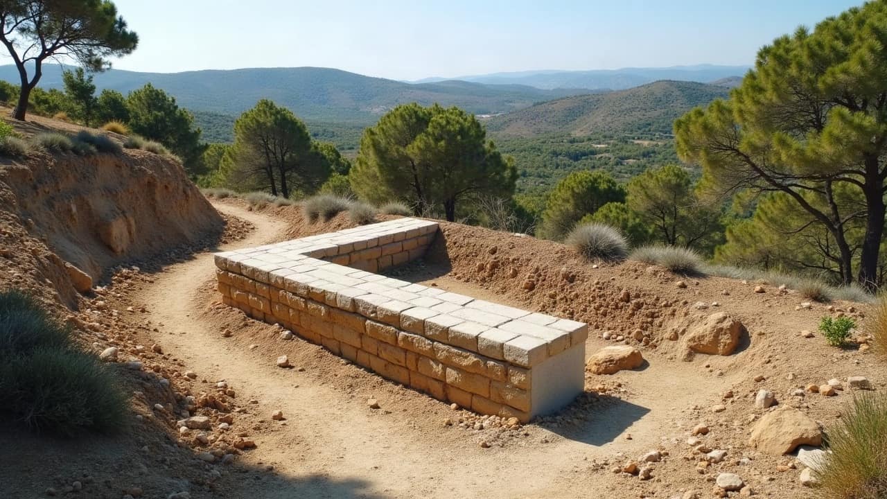 Vue latérale d'un mur de soutènement en L, la semelle horizontale enfouie sous la plateforme visible en coupe