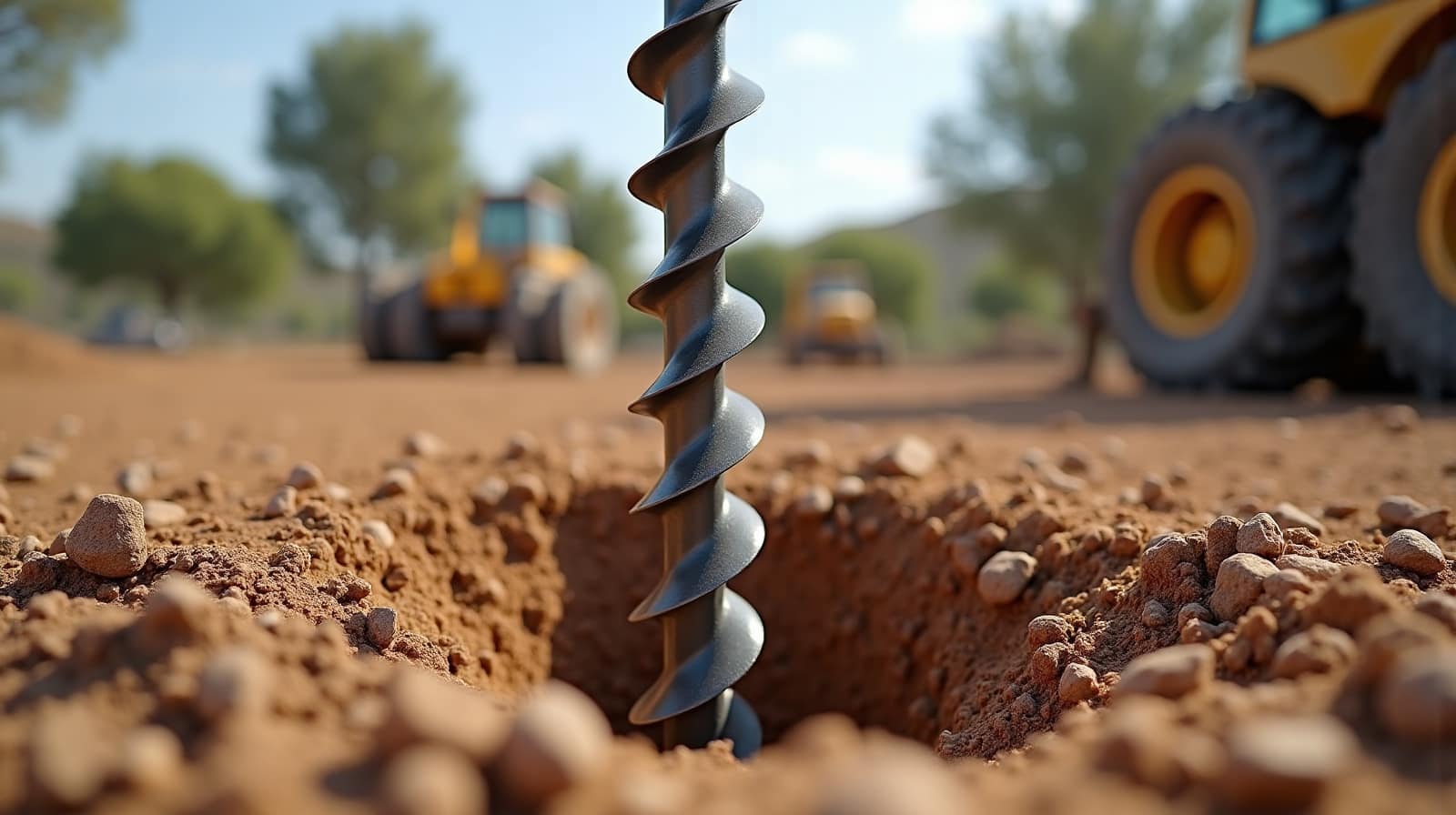 Sondage de sol réalisé sur un terrain en pente avant travaux, carottier planté verticalement dans la terre
