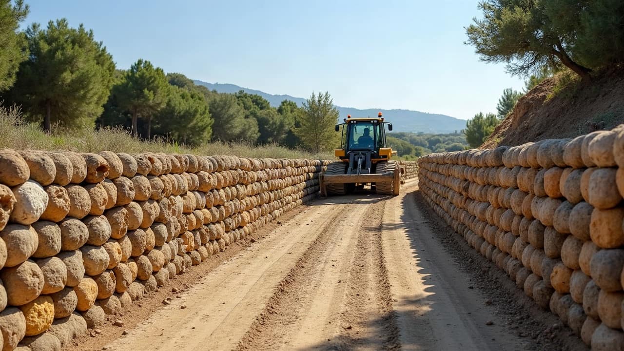 Chantier de mur en gabions à différentes étapes d'avancement, cages assemblées et cages en cours de remplissage côte à côte