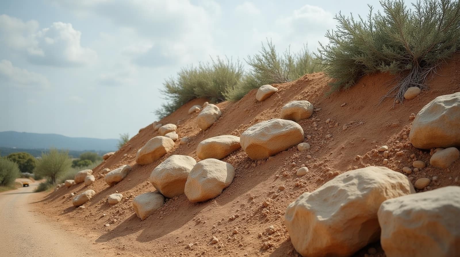 Talus stabilisé par de gros blocs de pierre calcaire empilés en fruit, végétation basse en haut du talus