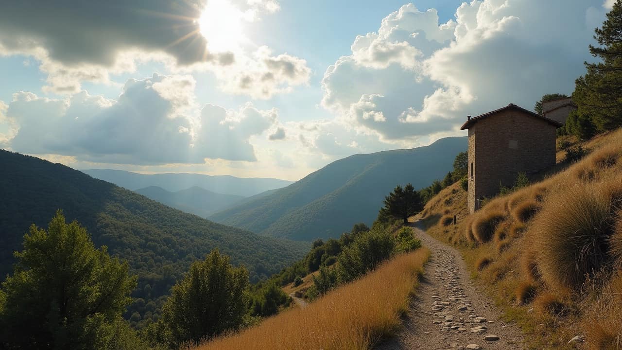 Nuages d'orage massifs se formant au-dessus du relief cévenol en fin d'après-midi automnale, contraste de lumière marqué