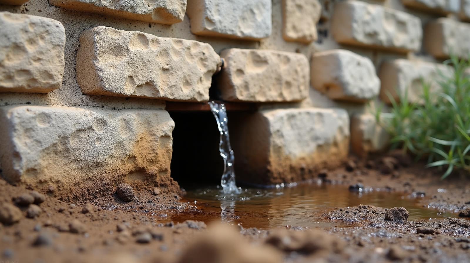 Écoulement d'eau visible sous un mur de soutènement en pierre après un épisode pluvieux intense, sol saturé au pied de l'ouvrage