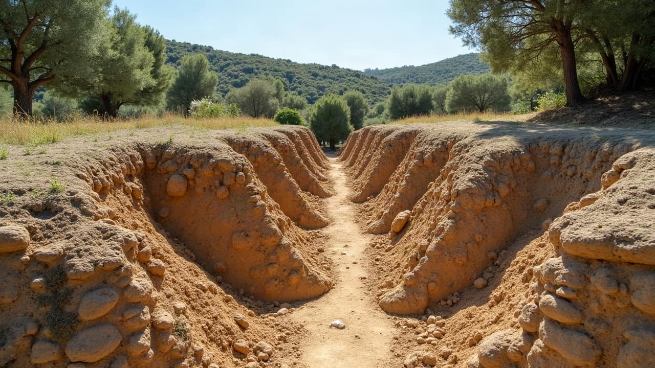 Tranchée de fondation profonde pour un mur de soutènement, mesure de profondeur visible au fond de l'excavation