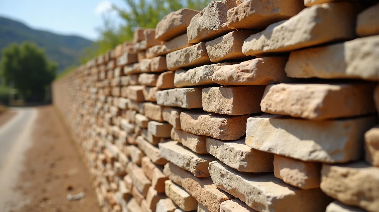 Ancien muret de restanque en pierre sèche calcaire, appareillage irrégulier typique des terrasses agricoles cévenoles