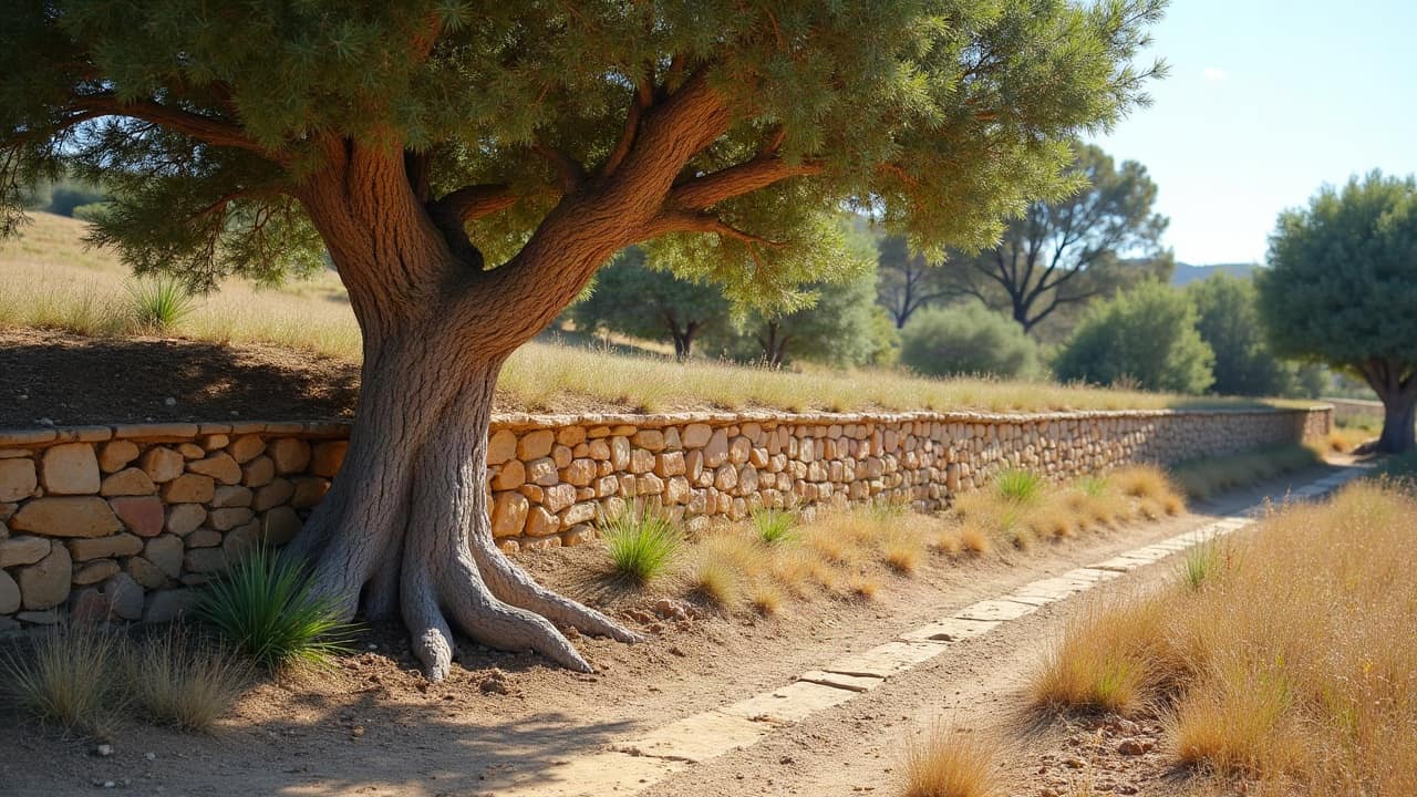 Racine d'arbre développée en surface près de la base d'un mur de soutènement, léger soulèvement du sol visible