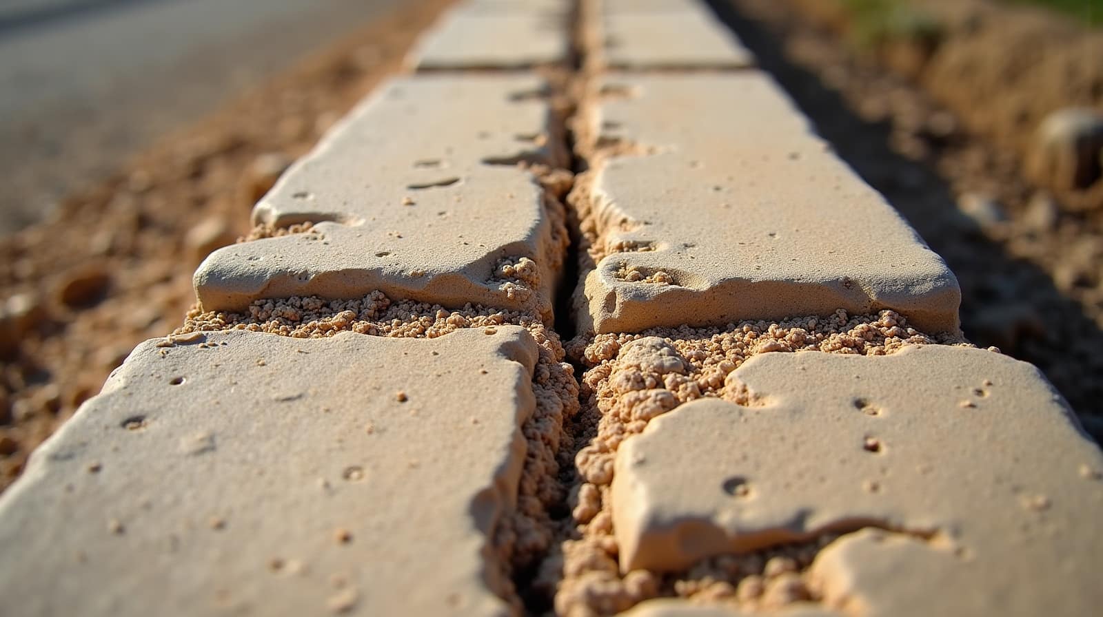 Gros plan sur une fissure verticale au niveau d'un joint de mur de soutènement en pierre, texture du mortier visible