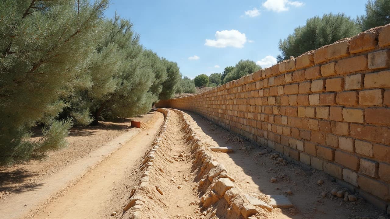 Ligne tendue le long d'un mur de soutènement pour mesurer un écart de bombement, méthode de contrôle visuel simple