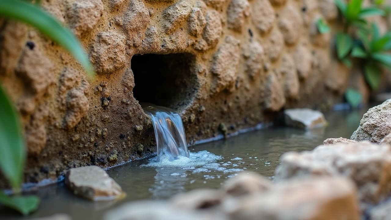 Écoulement d'eau boueuse s'échappant par une fissure de mur de soutènement après une pluie, absence de barbacane visible