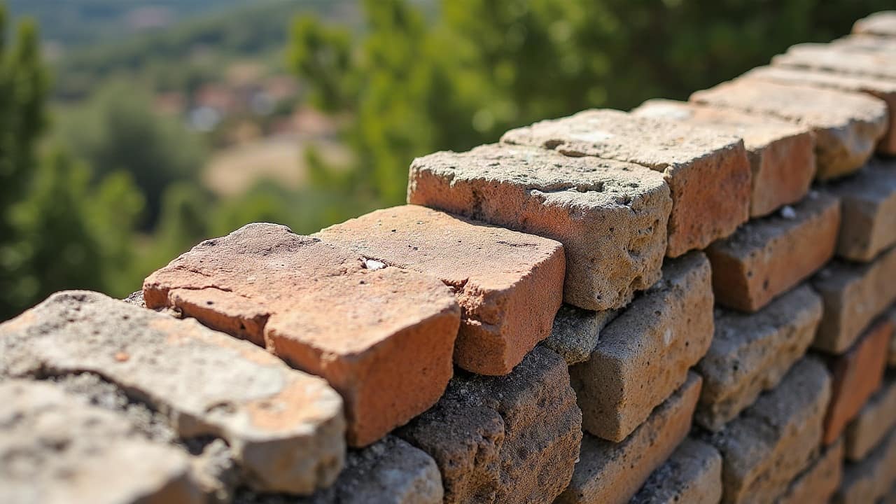 Détail de jonction entre un mur de soutènement en pierre et une clôture ajourée fixée à son sommet