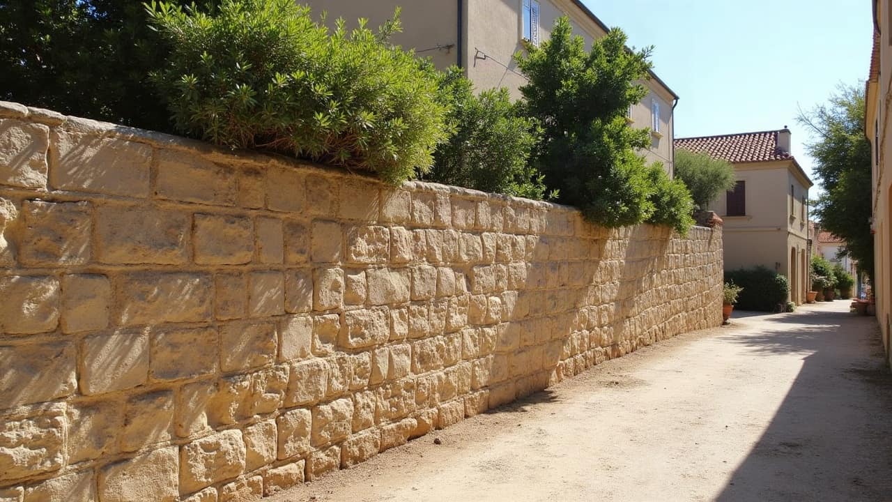Muret de pierre calcaire bordant une ruelle pentue du centre historique d'Uzès, appareillage ancien caractéristique