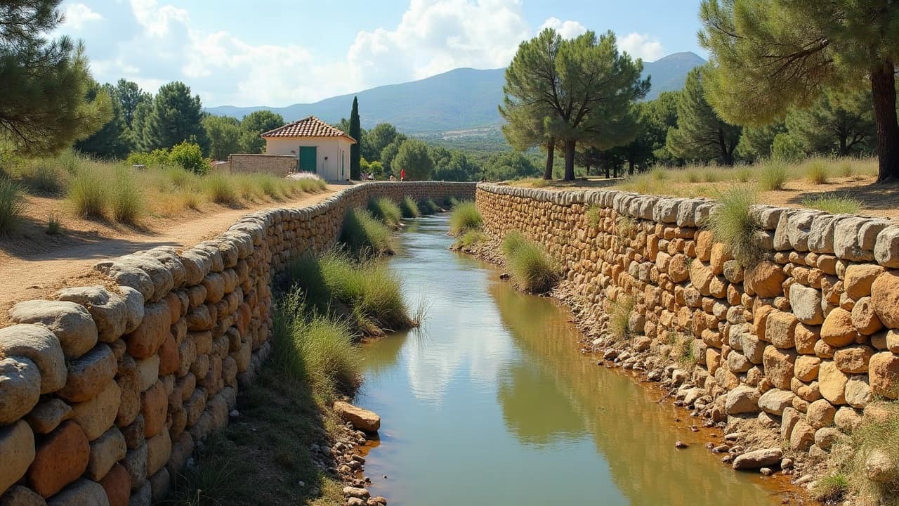 Muret bas en pierre en bordure d'une zone proche d'un cours d'eau du Gard, terrain légèrement surélevé en arrière-plan