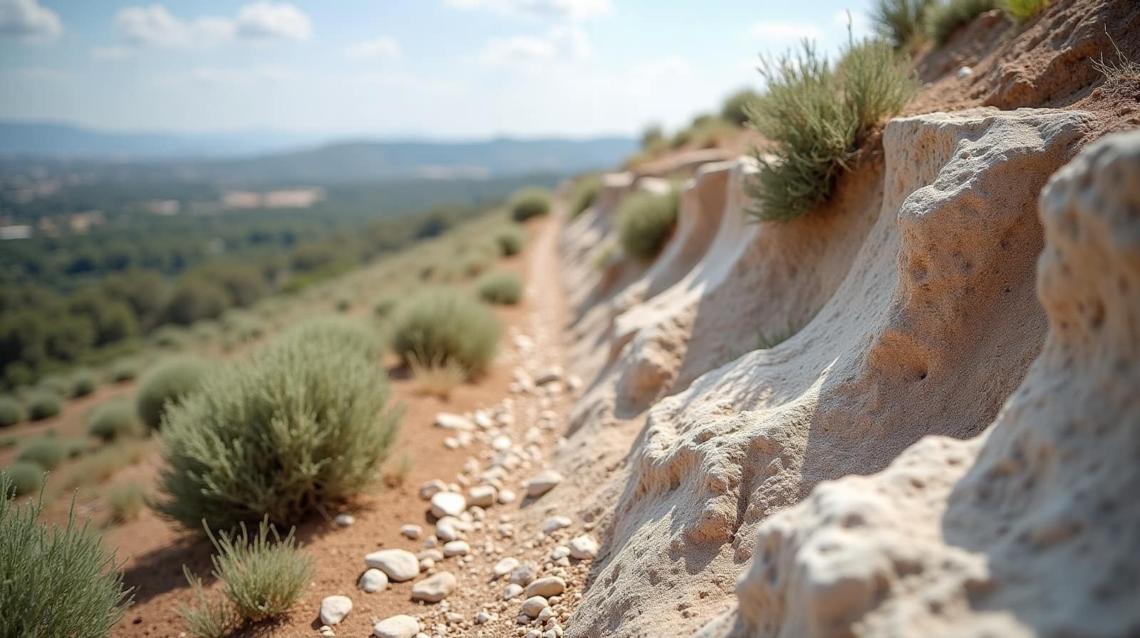 Talus de garrigue avec affleurements de roche calcaire blanche et végétation basse typique du pourtour nîmois