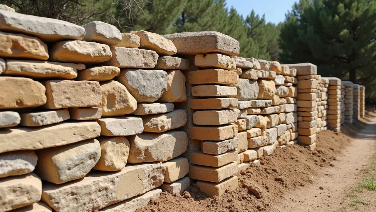 Détail d'un mur en pierre sèche montrant des pierres bien calées d'un côté et un secteur affaissé de l'autre