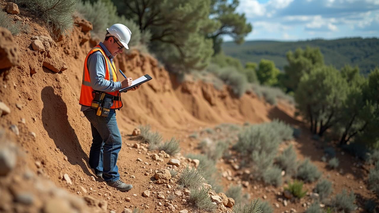 Professionnel examinant un talus après glissement, carnet de notes en main devant la zone de terrain déstabilisée
