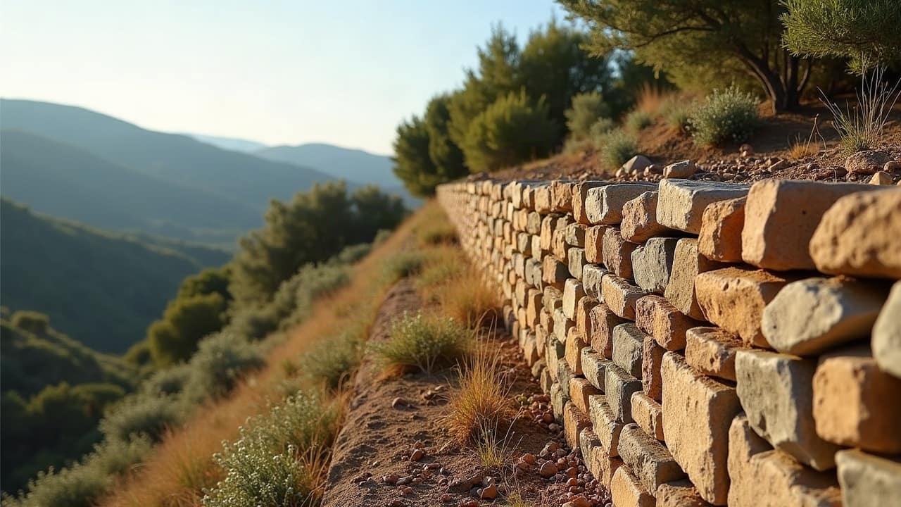 Affleurement de schiste en feuillets inclinés sur un versant du piémont cévenol, végétation basse en pied de talus