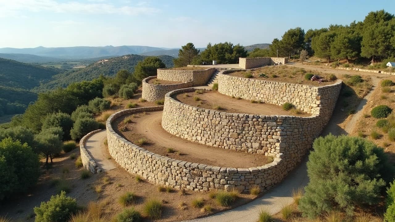 Terrain en paliers successifs vu de haut, chaque niveau retenu par un muret bas, végétation entre les niveaux